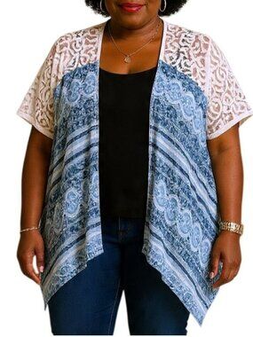 Context Est 1946 One Size Kimono Open Front White Lace & Blue Floral